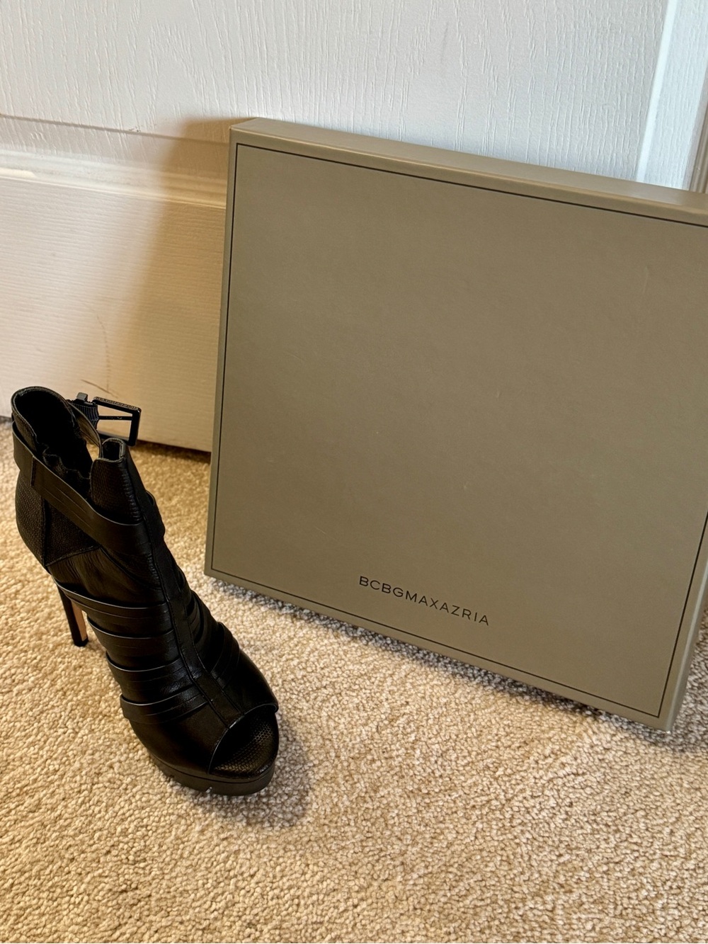 BCBGMaxAzria Black Strappy Peep-Toe Stiletto Bootie
